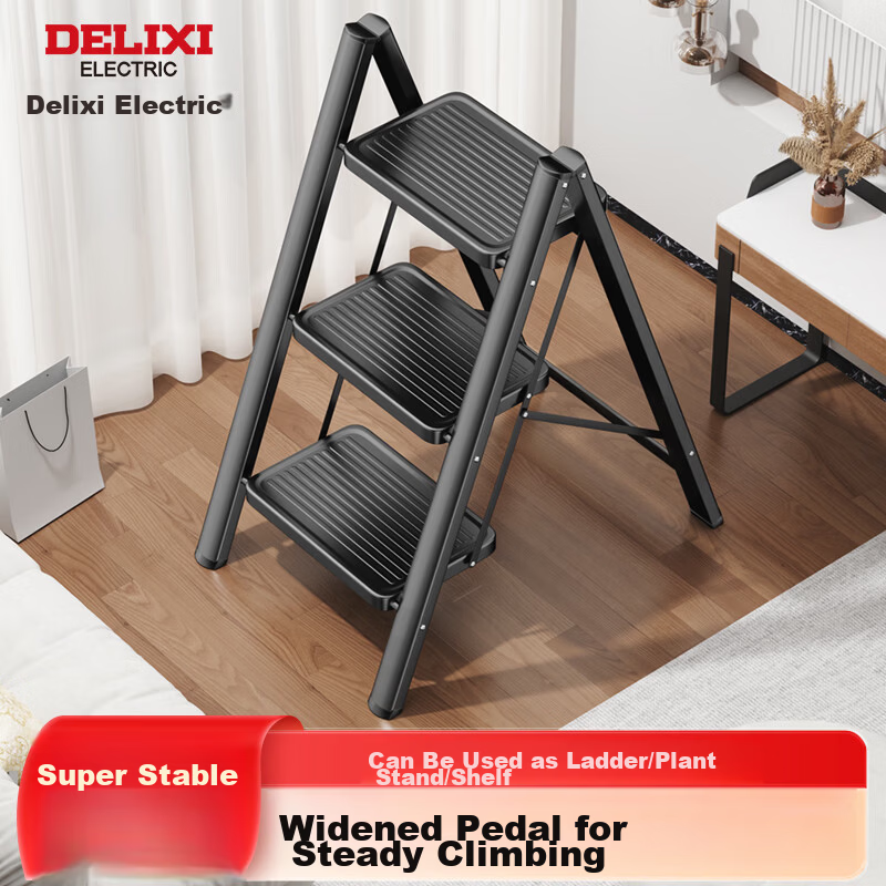 DELIXI ELECTRIC Household Ladder Indoor Multifunctional Folding Step Ladder Thickened Carbon Steel Non-Slip Pedal Black 3-Step A-Frame Ladder
