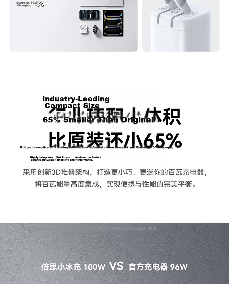 Baseus 100W GaN Charger Foldable Plug Type-C Fast Charger for MacBook Pro Laptop Black 4