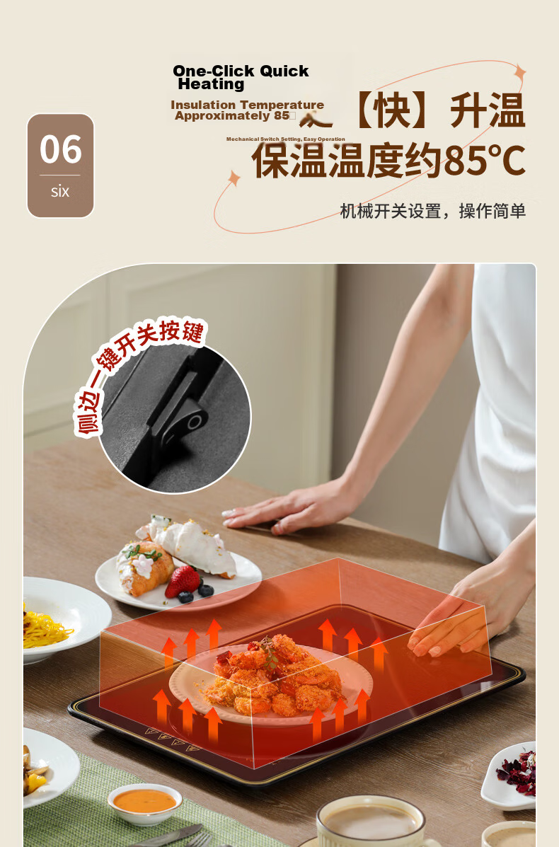 Royalstar Food Warming Plate 60CM Round Tempered Glass Large Heating Mat Home Dining Heat Preservation Dual Temperature RS-HR169Y 7