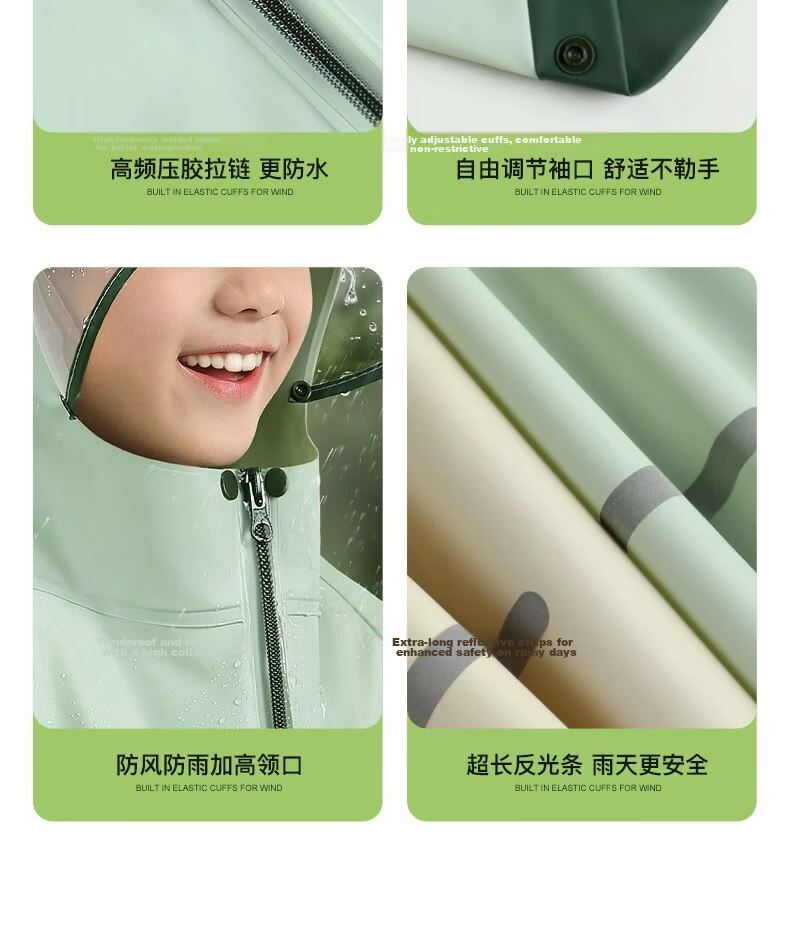 Beimei Children's Raincoat Long Full-Body Waterproof School Rain Poncho with Backpack Cover for Boys and Girls 12