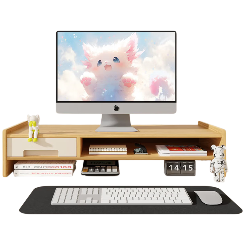 Youbili Computer Riser Desk File Cabinet, Wooden Height-Increasing Table, Multifunctional Office Desk Keyboard Storage Monitor Riser Base Laptop Storage Rack, 5068 Bamboo Wood Color