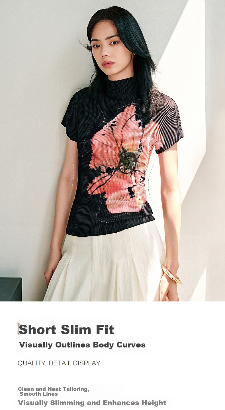 Peacebird Women's T-Shirt Miyake Style Pleated Soma Flower Short Sleeve Summer Elegant Half High Neck Slim Fit Top Black L 7