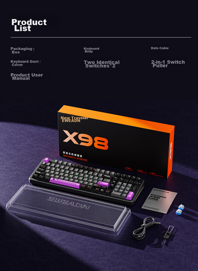 EWEADN X98 Custom Mechanical Keyboard, Dual 8K Wired/wireless/Bluetooth Triple-Mode, Gaming Gasket Structure, Full-Key Hot-Swappable, for Gaming, Office, Computer, Laptop, Universal Peripheral 16