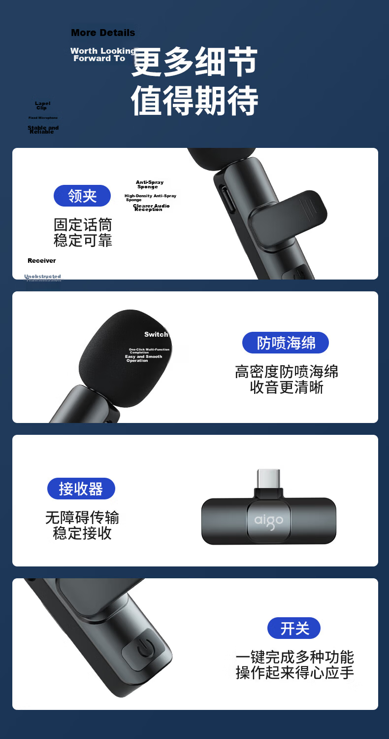 Aigo S28 Wireless Lavalier Microphone Mini Clip-on Mic for Live Streaming Outdoor Interview Short Video Conference Recording Professional Noise Reduction Receiver One-to-Two 17