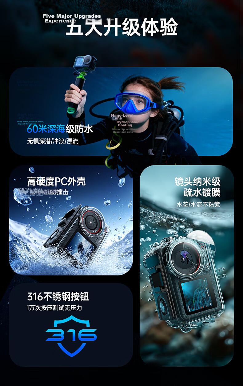 Llano DJI Action5 Pro Diving Accessories 60m Waterproof Case Set for Action4/3 Protective Case Sports Camera Snorkeling Surfing Beach Cycling Skiing Protective Cover 5