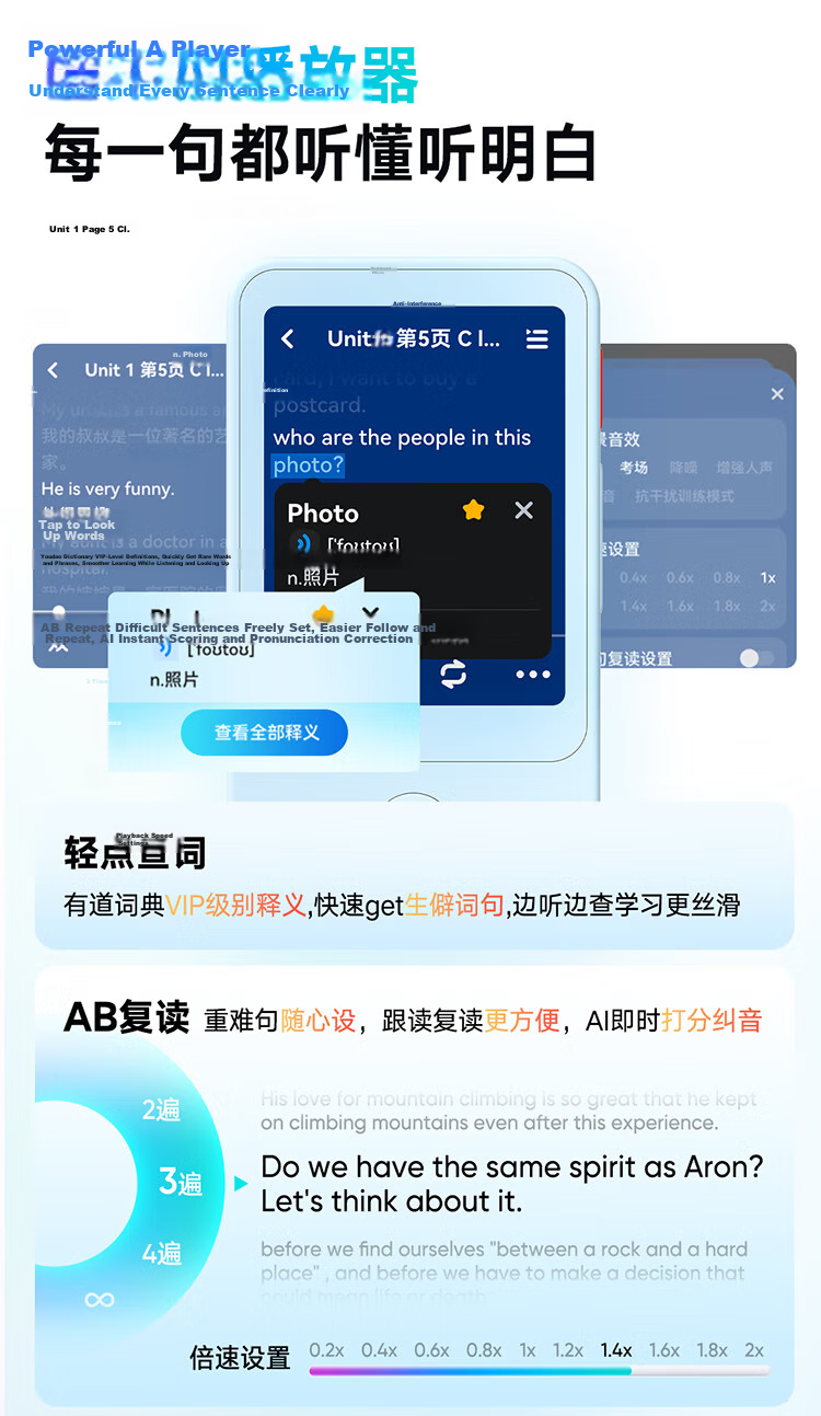 Youdao Lingribao PRO 128GB English Learning Device, Audio Companion, Portable Listening Aid, Speech Practice Tool, Private Tutor for Speaking And Listening, Study Machine, Learning Machine, Repeater 18
