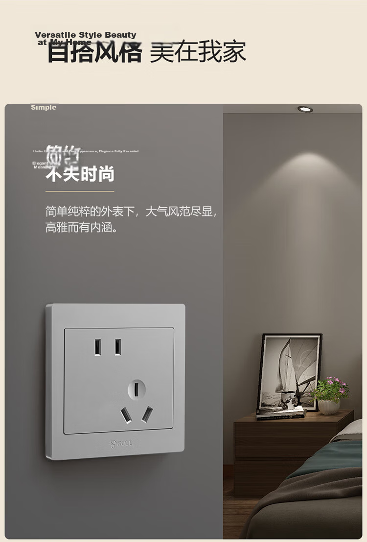 BULL Switch Socket, G31 Series Six-Hole 10A+16A Socket, 86-Type Socket Panel G31Z234, Space Gray 4