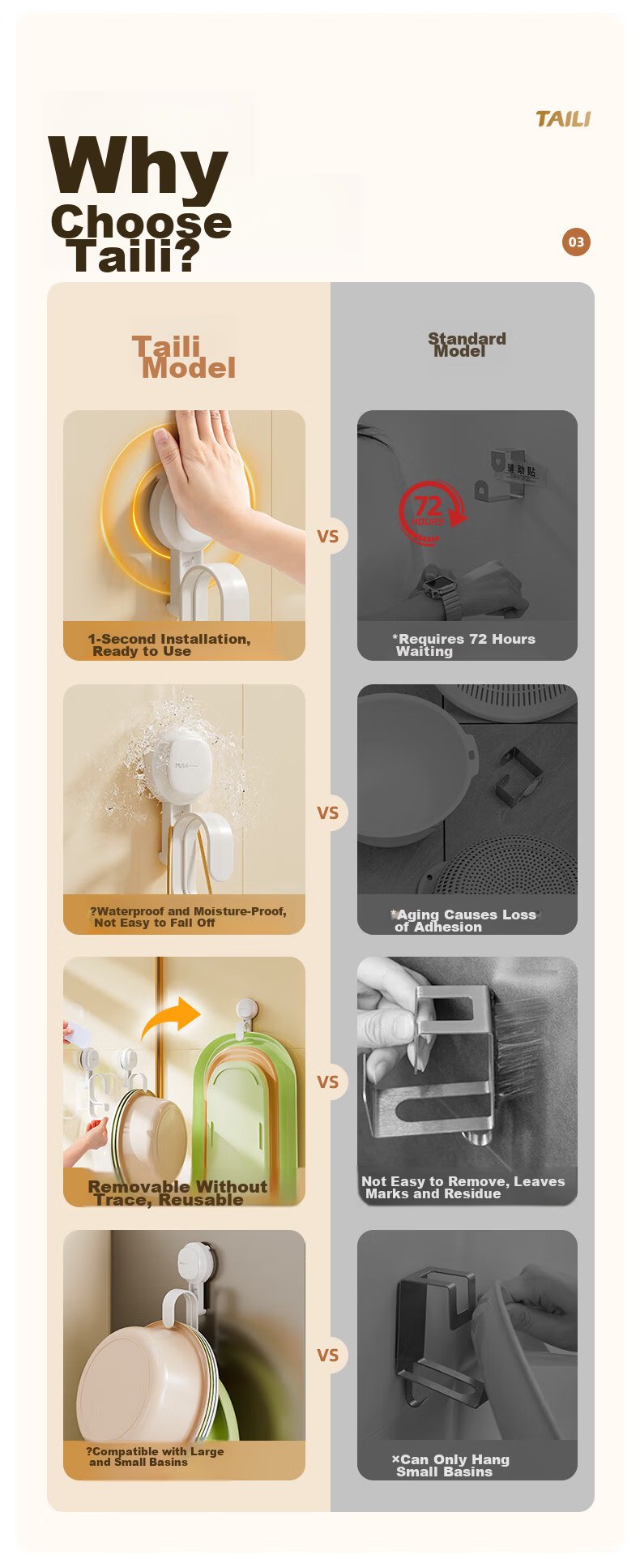 Taili Space Aluminum No-Drill Basin Hook, Thickened Aluminum Double Clip Bathroom Hanger, 1 Piece, Organizer, Storage Rack, Suction Cup Hook, Bathroom Storage Shelf 2