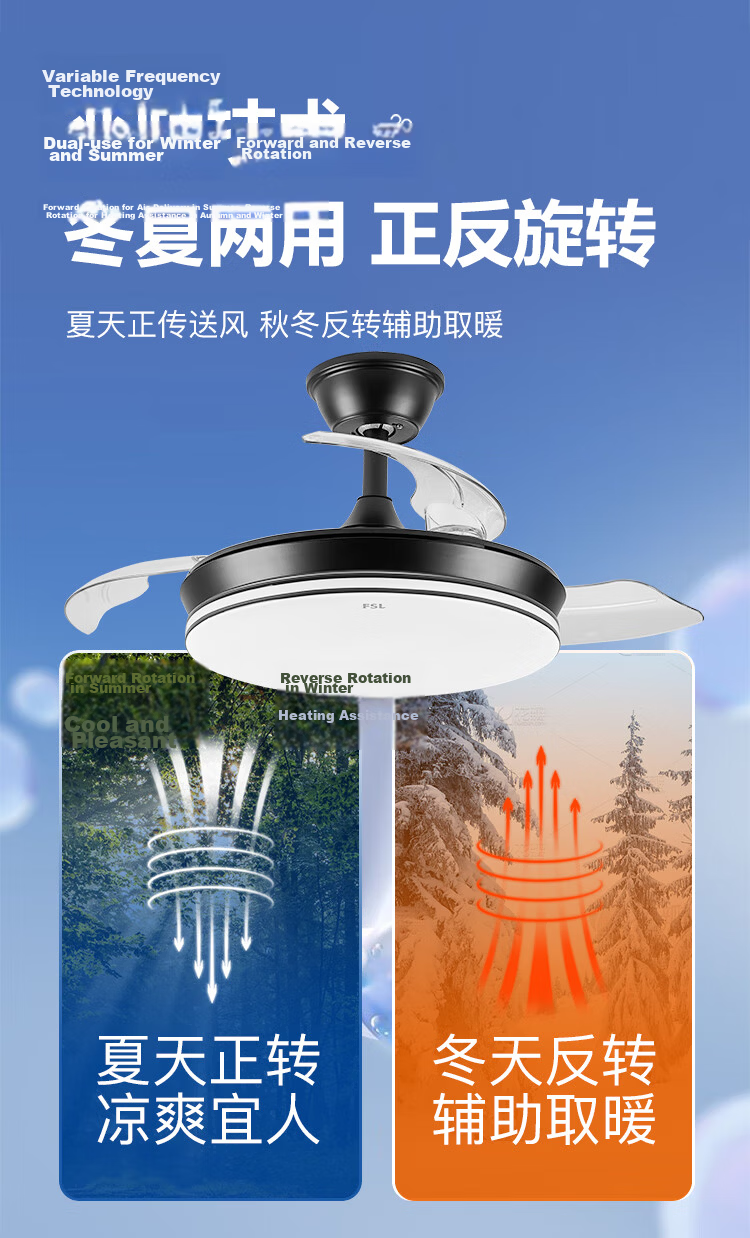 Foshanzhaoming Tri-Proof Fan Light, Restaurant Ceiling Fan Light, Living Room Bedroom LED Light, Azure Blue, 36 Inches, 42W 7