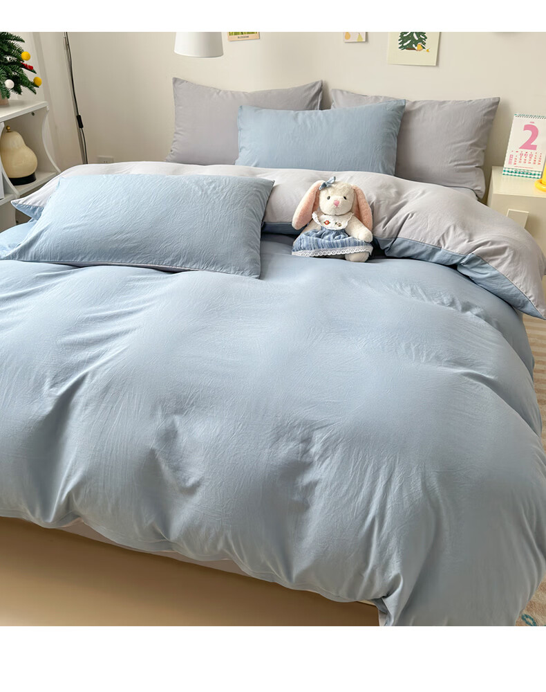Aiwei 110g Washed Cotton 4-Piece Bedding Set Double Bed Sheet Pillowcases Duvet Cover 200x230cm Misty Blue Gray 14