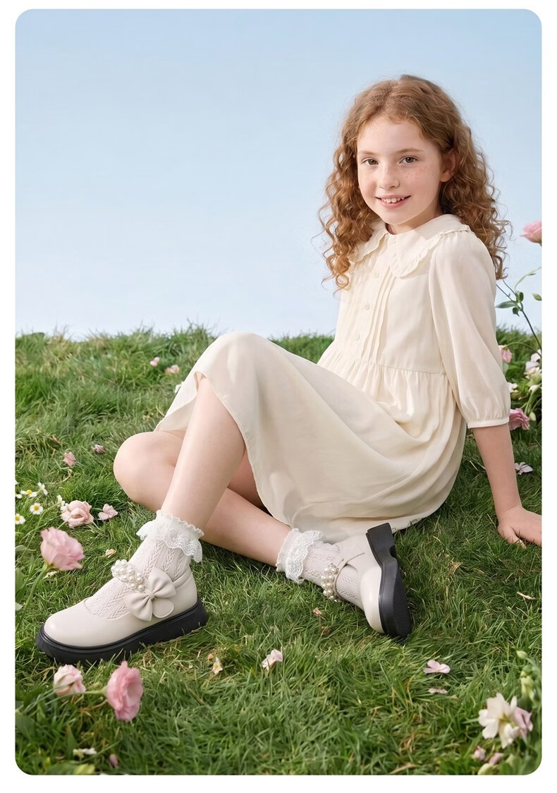Eierkang Girls Black Leather Classic Pearl Bow Princess Shoes Student Performance Soft Sole Flats Black Size 32 12