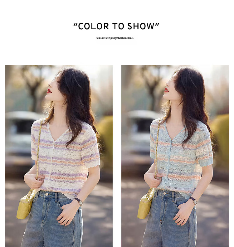 Awakening Paradise 26 Spring Summer Colorblock Versatile Petite Top Elegant Striped Short Sleeve Knit Cardigan Blue One Size 2