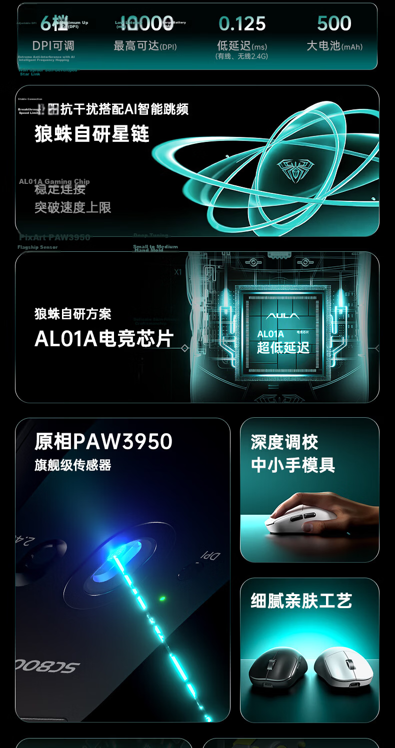 AULA SC800Max Lightweight Wireless Mouse PAW3950 Anti-Interference 2.4G/Bluetooth/Wired Tri-Mode Native Dual 8K Report Rate Office Gaming Esports Mouse White 2