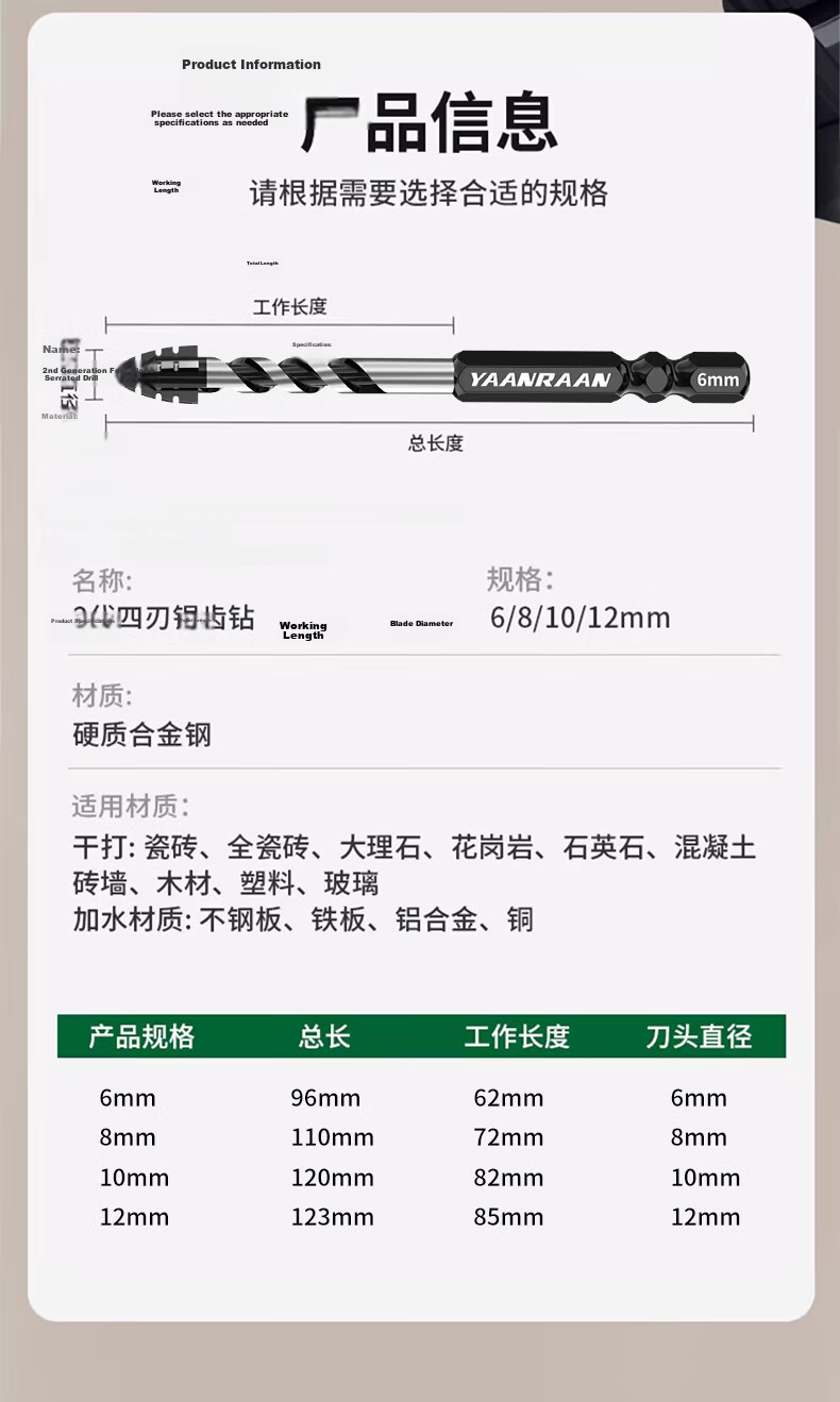Yanran Four-Blade Serrated Eccentric Drill Bit for Tile and Concrete, Sharp and Impact-Resistant, Sizes 6+8+10+12mm 5