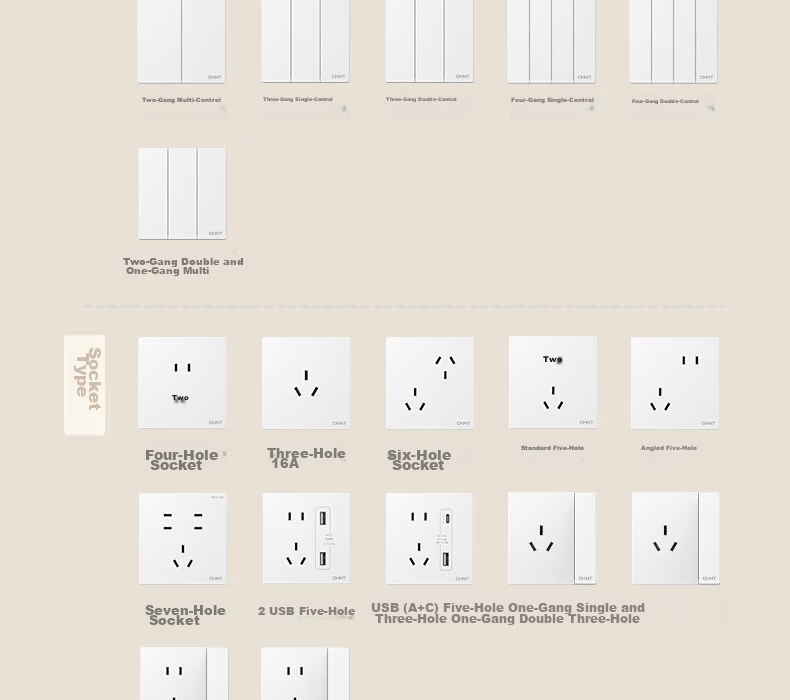 CHNT Switch Socket No-Paint Cream Style Large Panel Concealed Socket X1M Three-Hole 16A Socket Cheese Yellow 34