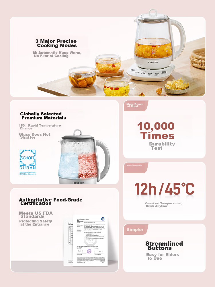 Buydeem Glue-Free Multifunctional Herbal Health Pot Temperature-Controlled Mini Glass Tea Kettle 1.5L K123 Off-White 3