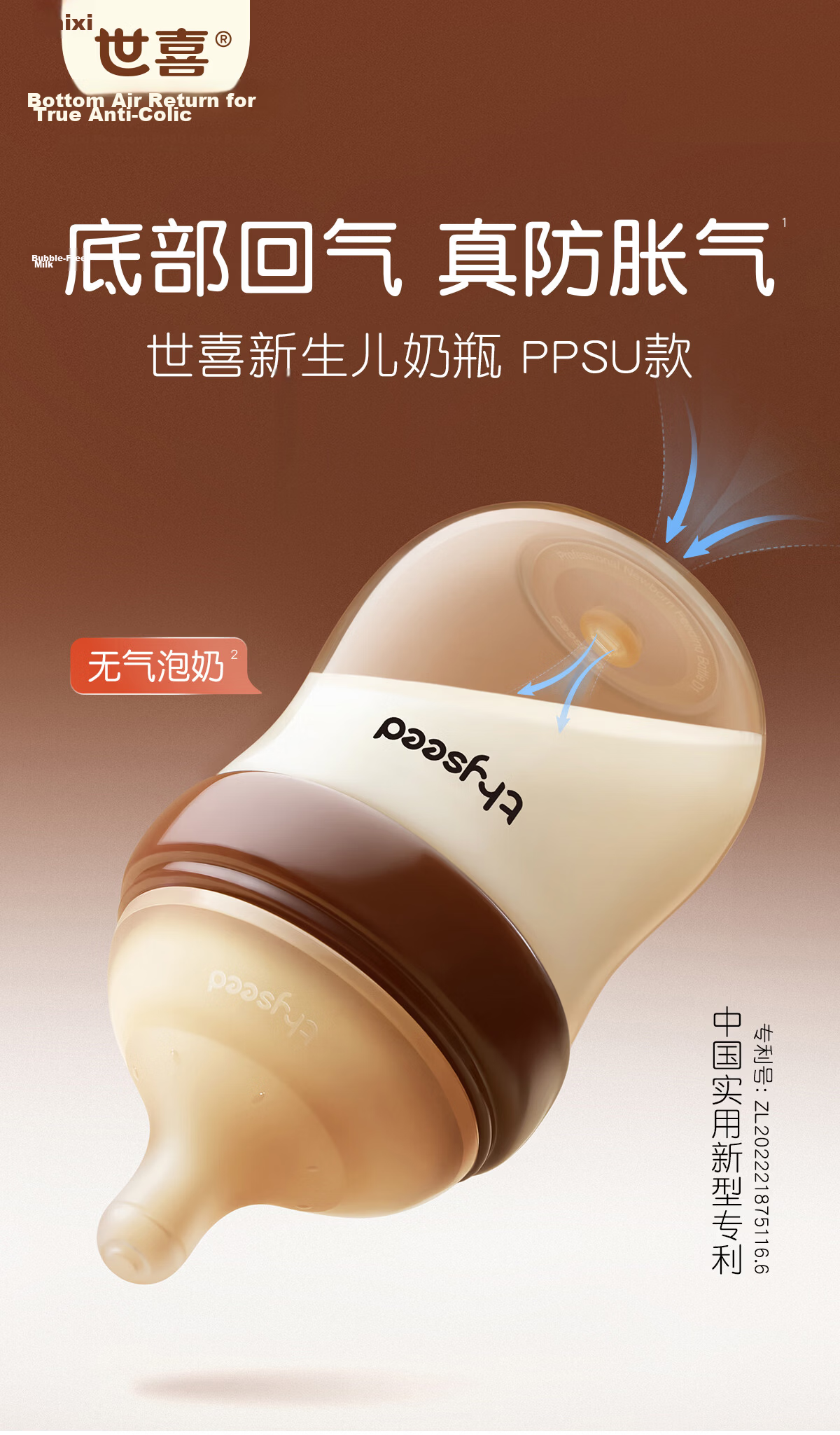 Shixi Newborn Baby Bottle 1-2 Months Anti-Colic PPSU Infant Breast-Like Anti-Choke Nipple 160ml 3