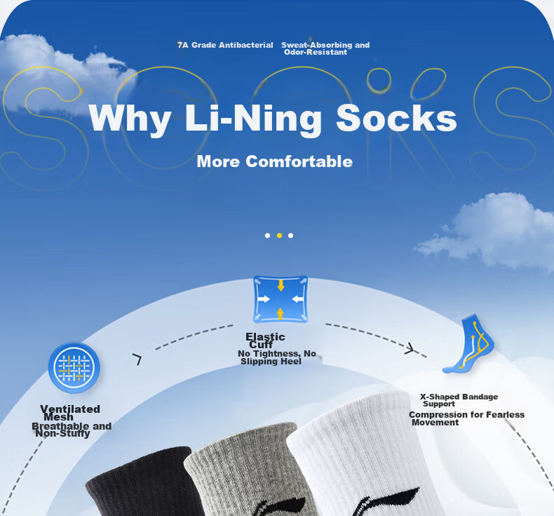 Li-Ning Unisex Summer Sports Socks Running Cycling Sweat-Absorbing Breathable Basketball Badminton White Mid Socks 3 Pairs XL 4