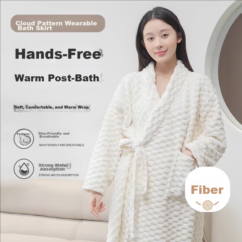 Fan Ye Home Cloud Pattern Wearable Coral Fleece Bathrobe Absorbent Thickened Long Sleeve Breathable Summer Bath Towel Skirt for Women