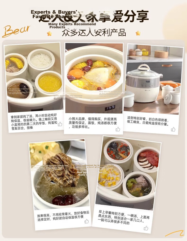 Bear Electric Ceramic Slow Cooker Large Capacity 3-5 People Stew Pot Soup Cooker White Porcelain Electric Stew Pot 5