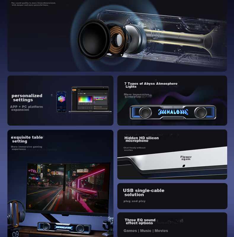 Manbuzhehuazai Halo Soundbar Max Computer Speakers, Bluetooth 5.4 Subwoofer, Gaming Desktop Long Bar Speaker, Wired Speaker, Soundbar, Poxiao White 3