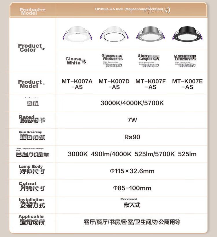 BULL LED Metal Downlight MT-K007A-AS White Paint 7W 3.5 Inch 5700K Cool White Cutout 85-100mm 20