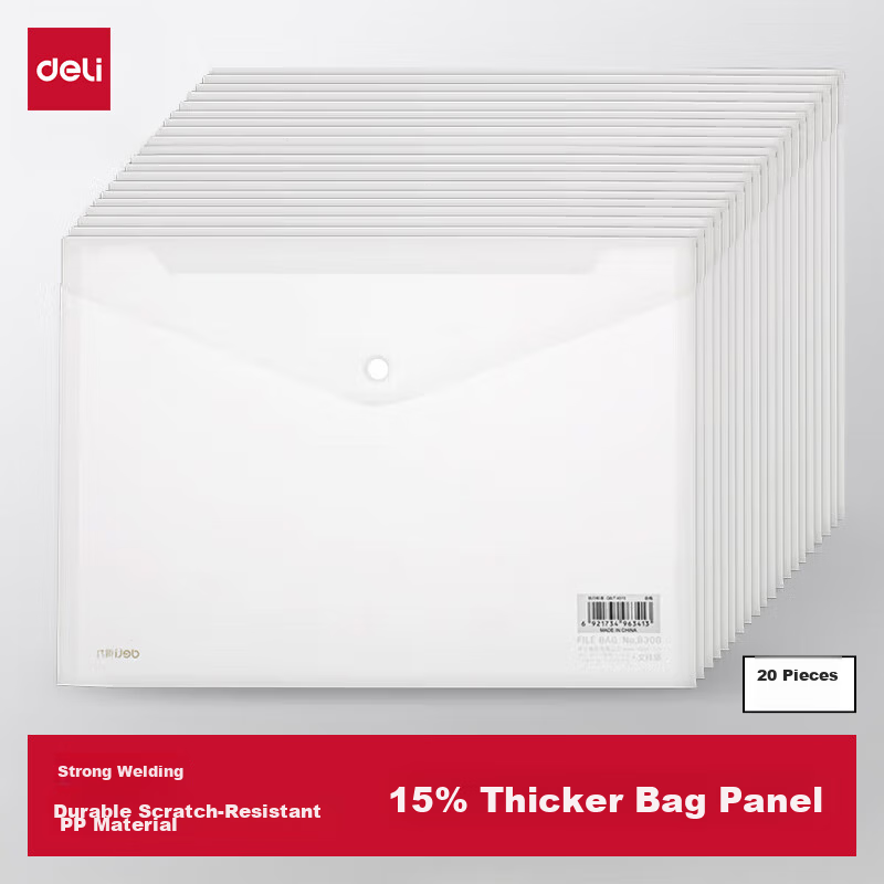 Deli Super Hot Sale 20-Pack A4 Transparent Snap Button Student Desktop Document Bags Waterproof Plastic File Folder Office Study Supplies 27008