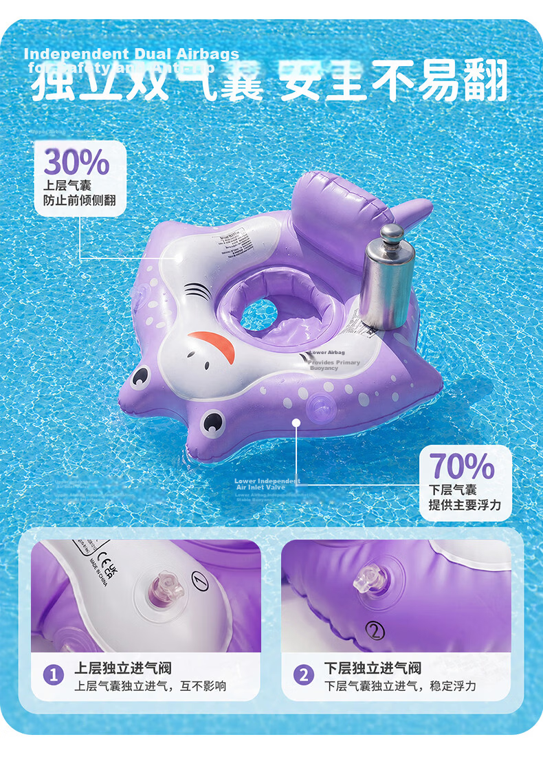 SwimmingBaby New Stingray Float Baby Swimming Ring Anti-Tip Detachable Sun Protection Thickened Summer Pink 5