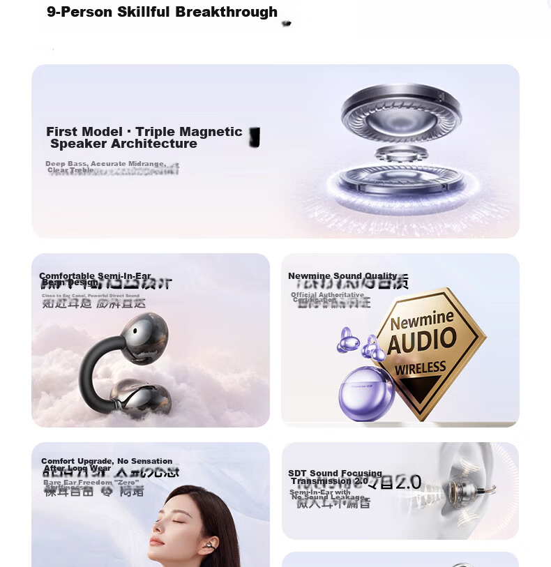 Newmine [Latest 2026 Model | Unaltered Original Sound] Ear-Clip Bluetooth Headphones, Wireless Open-Ear Non-In Running Call Noise-Cancelling Ultra-Long Battery Life for International Travel Translation, Gentle on Ears 7