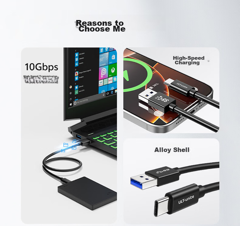 ULT-unite USB3.2 Type-C Data Cable for Android Fast Charging, Compatible with Laptops and External Hard Drive Enclosures, 10Gbps High-Speed Transmission, 0.15m 2