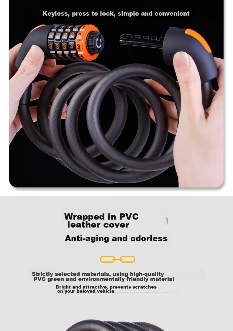 Forever Bicycle Lock Anti-theft 5-Digit Combination Lock Mountain Bike Motorcycle Electric Bike Black Orange 1.2m 6