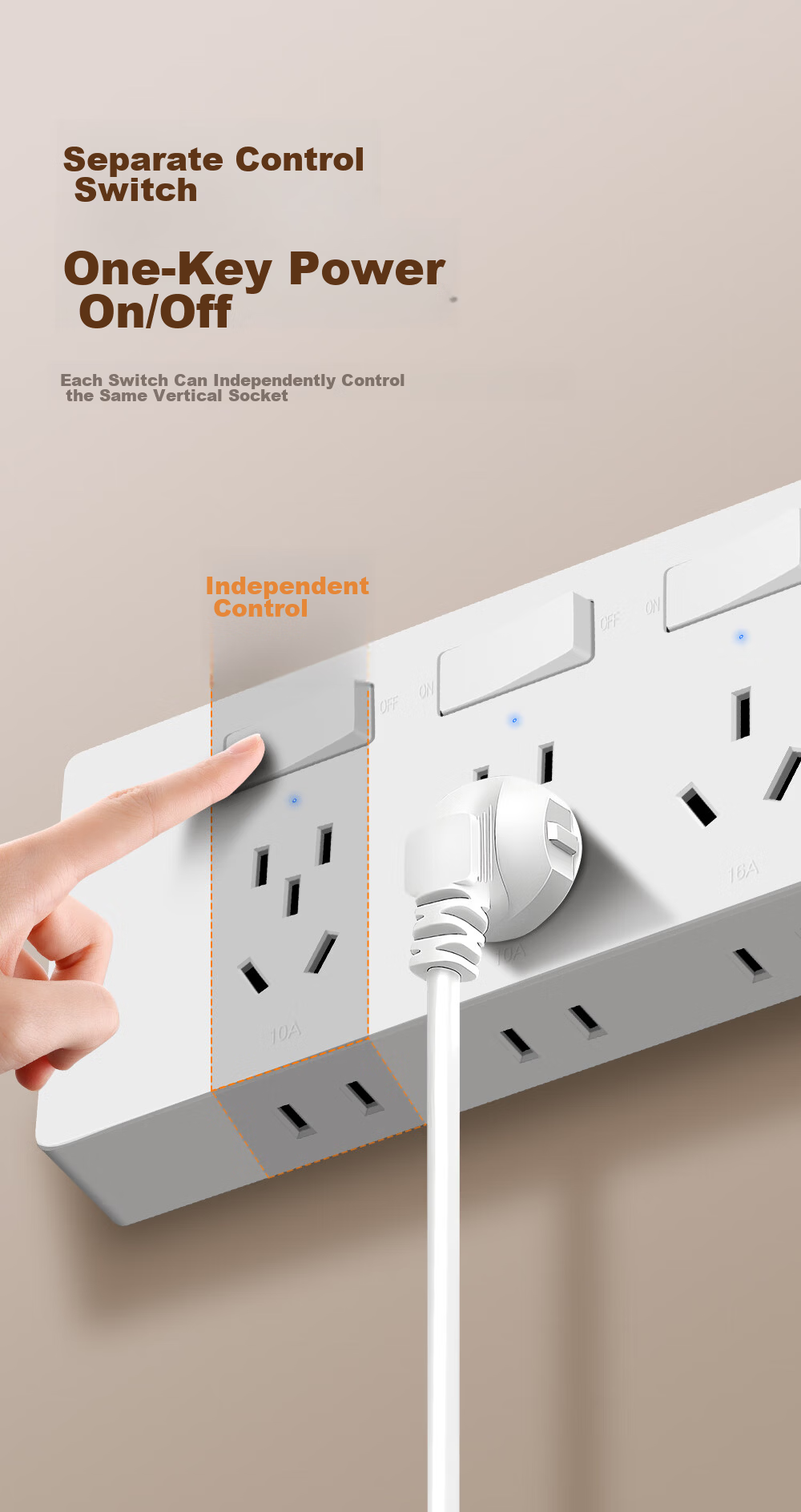 DELIXI 86-Type Surface-Mounted Kitchen Socket, 16A High Power, Cloud White, Multifunctional Multi-Outlet Wireless Track Socket 6