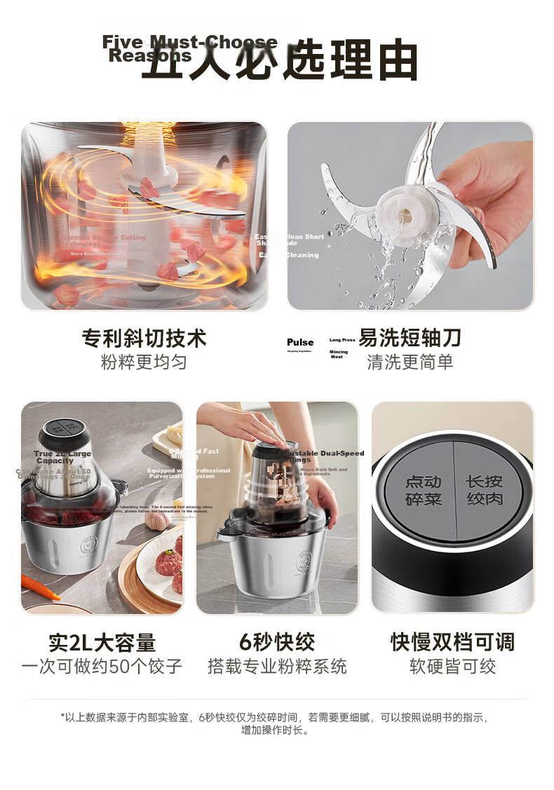 Joyoung Meat Grinder Household Baby Food Processor Mince Machine Meat Mincer Food Chopper Meat Mixer Garlic Crusher 2L Stainless Steel Bowl Dual Blades LA320(D) 3