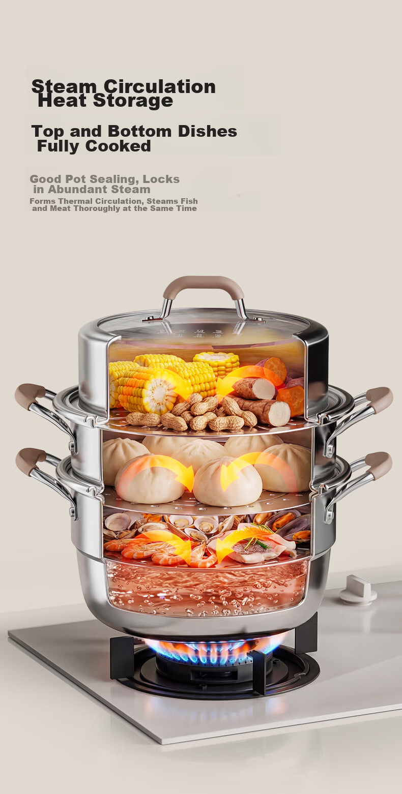Joyoung 316L Stainless Steel Steamer Pot, Small Size for 2-3 People, Non-Coated Multifunctional Soup Steamer with High Dome Lid, Three Layers, 30cm 12