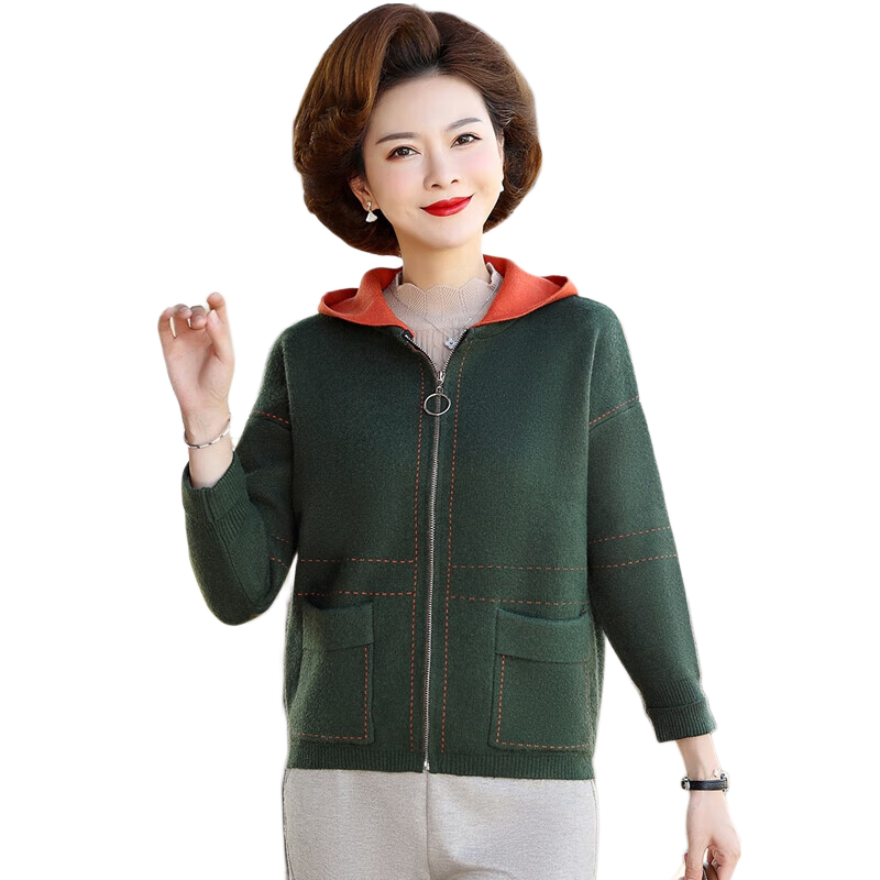Hengyuanxiang Middle-Aged Women's Autumn Fashion Short Knitted Jacket, Elegant Hooded Cardigan for Middle-Aged And Elderly Women, Spring And Autumn Outerwear