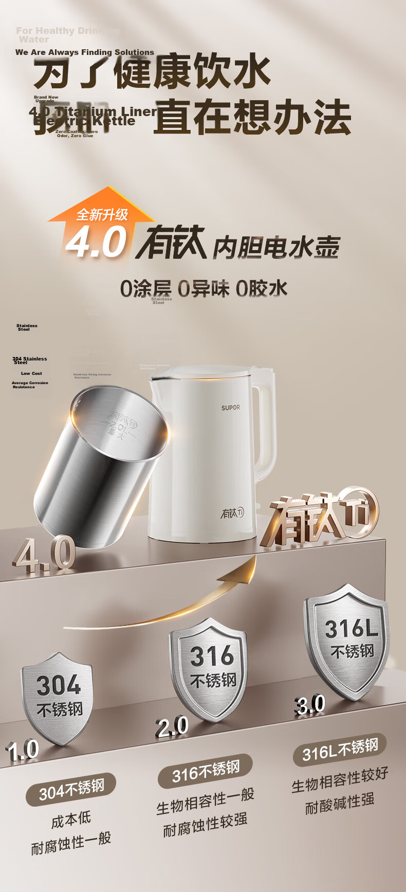 SUPOR 1.7L Large Capacity Electric Kettle Household Water Boiler Pure Titanium 0 Coating Color Screen Touch Control Constant Temperature Insulation SW-17J82T 1