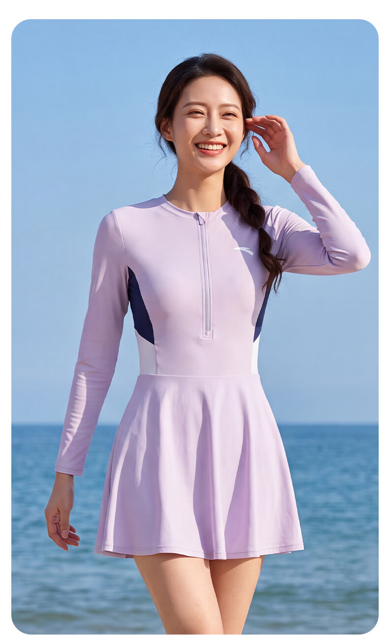 ANTA Women's Long Sleeve One-Piece Skirted Conservative Quick-Dry Sun Protection Slimming Swimwear Gray M 14