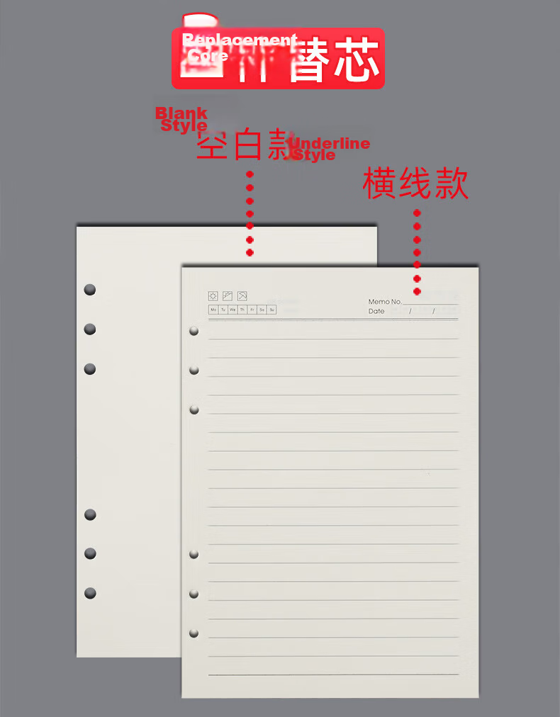 Xuchen Stationery A5 Loose Leaf Paper 6-Hole 100gsm 80 Sheets/160 Pages Refill Notebook Inner Pages Lined Thickened Replacement Core Memo Book 1 Pack Customizable 2