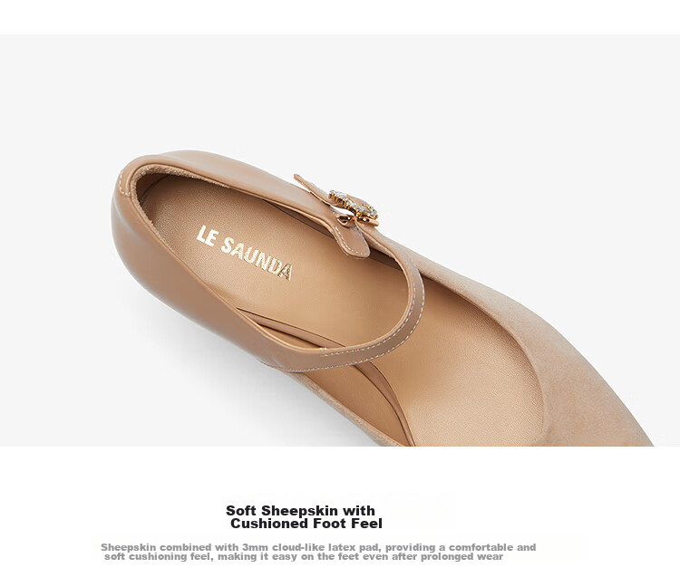 Le Saunda 2026 Spring New Women's Pointed Toe Lambskin Stiletto Mary Jane Flats 7M64901 Milk Tea Apricot BES36 5