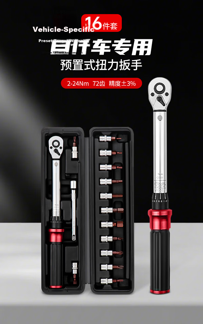 Fengshang Adjustable Bicycle Torque Wrench 16-Piece Set 2-24NM Hex Key Repair Tool Kit 1