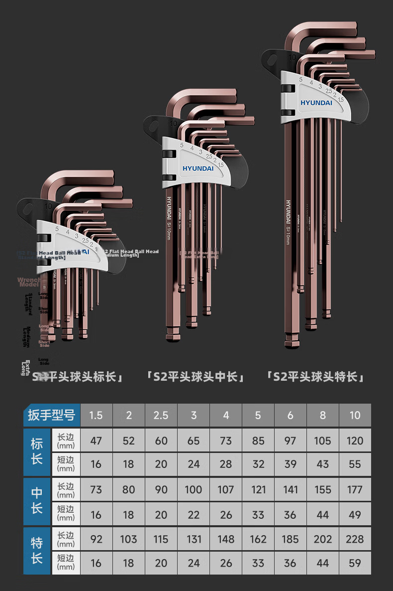 HYUNDAI Hex Key Wrench Set, Boxed, Double-Ended, Extra Long, 9-Piece, Multi-Functional Star-Shaped Hexagonal Wrenches 22
