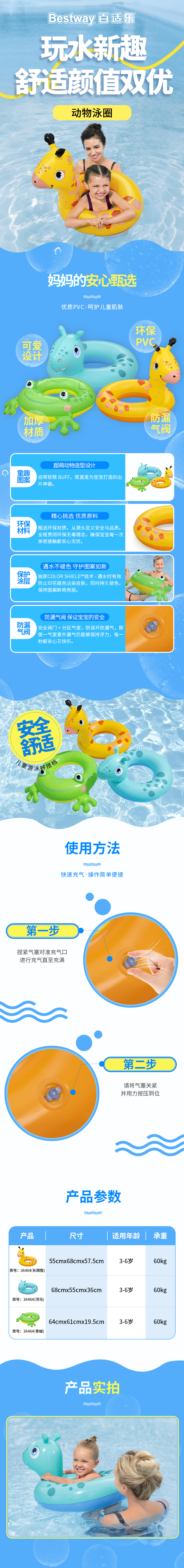 Bestway Kids Inflatable Swim Ring Thickened Float Lifebuoy Anti-Tip Baby Swimming Ring Hippo Design 1