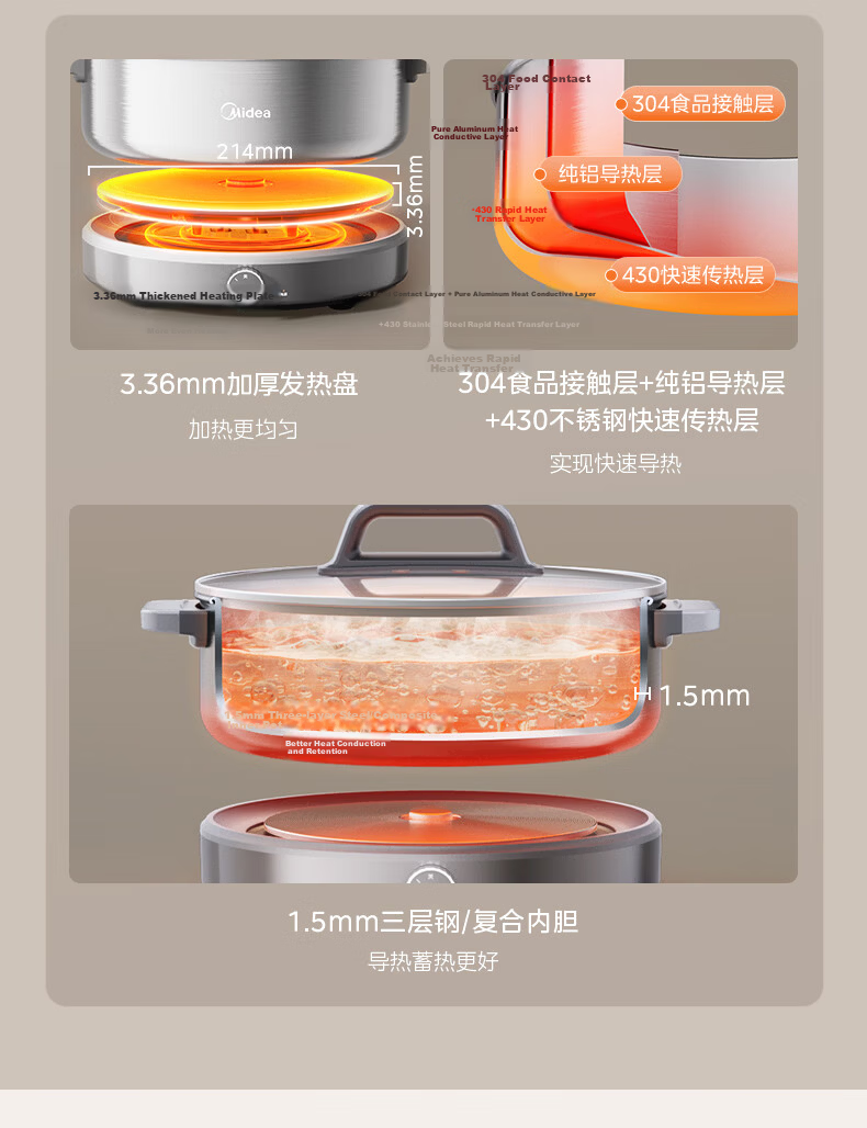 Midea 0-Coating Electric Hot Pot Stainless Steel Hot Pot Detachable All-Steel Rapid Boil Electric Hot Pot Multi-Function 6.5L HGS30G1 10