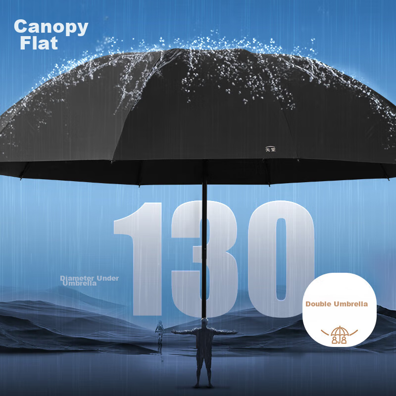 Paradise Umbrella Double Folding Umbrella 10-Rib Large Reinforced Black Coating Sunshade Obsidian Black