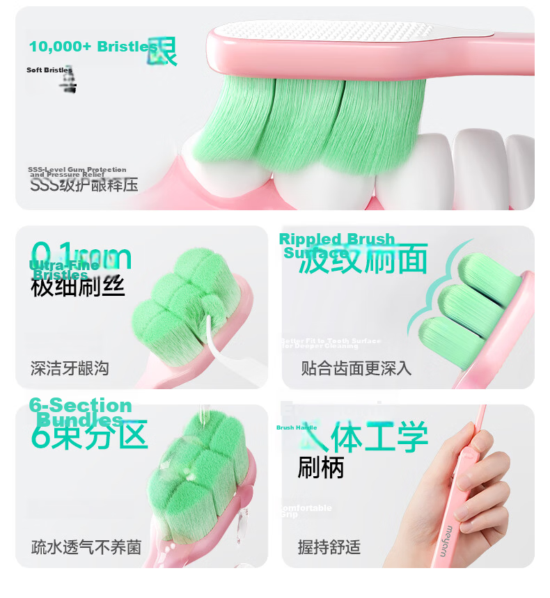 Meyarn Wide Head Stain Removal Toothbrush 4-Pack, Soft to Medium Bristles, Odor Removal, Gum Care, Dual Spiral Bristles, Convex Surface Brush 4