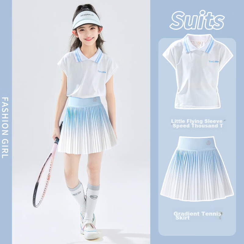 Moonkids Girls Summer Quick-Dry Sports Set Children's Cooling Short Sleeve Dress Tennis Badminton