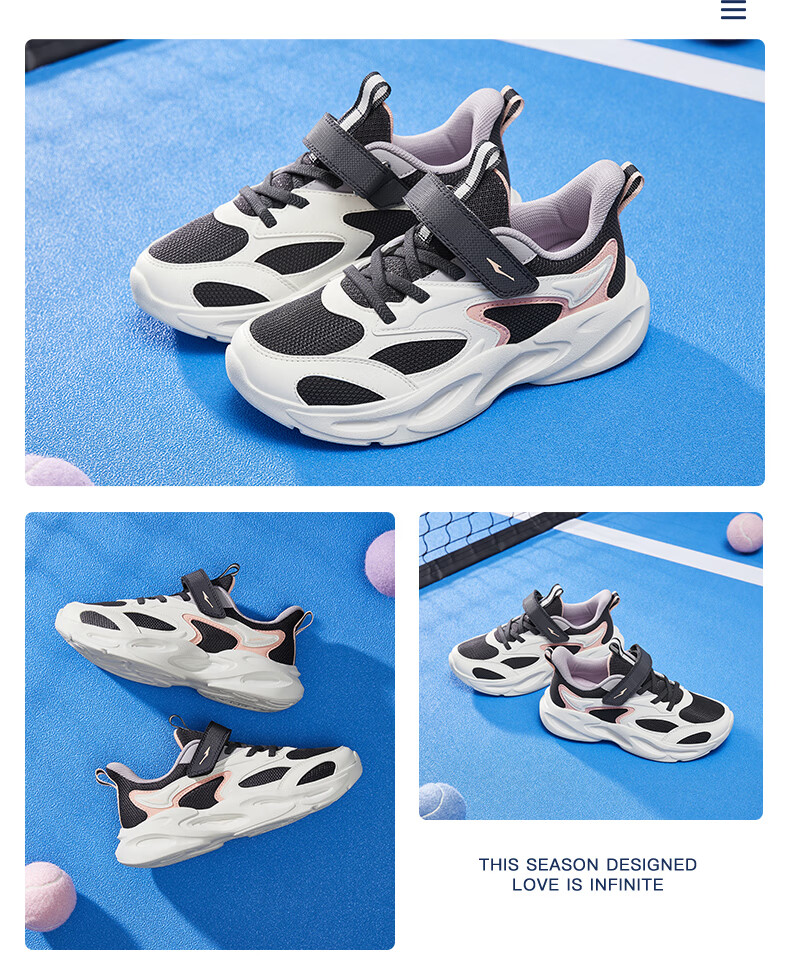 ERKE Kids Casual Shoes Boys and Girls Big Children Leather Mesh Running Shoes Black/Cove Blue/Microcrystalline White Size 33 36