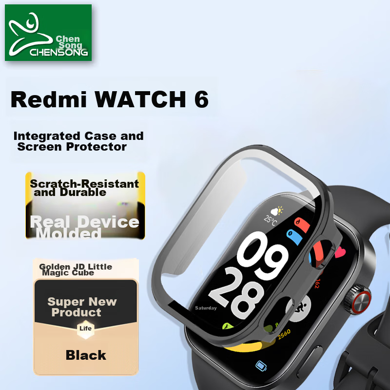 CHENSONG Protective Case and Tempered Film for Xiaomi Redmi Watch 6, PC Scratch-Resistant Durable Sensitive Touch Black