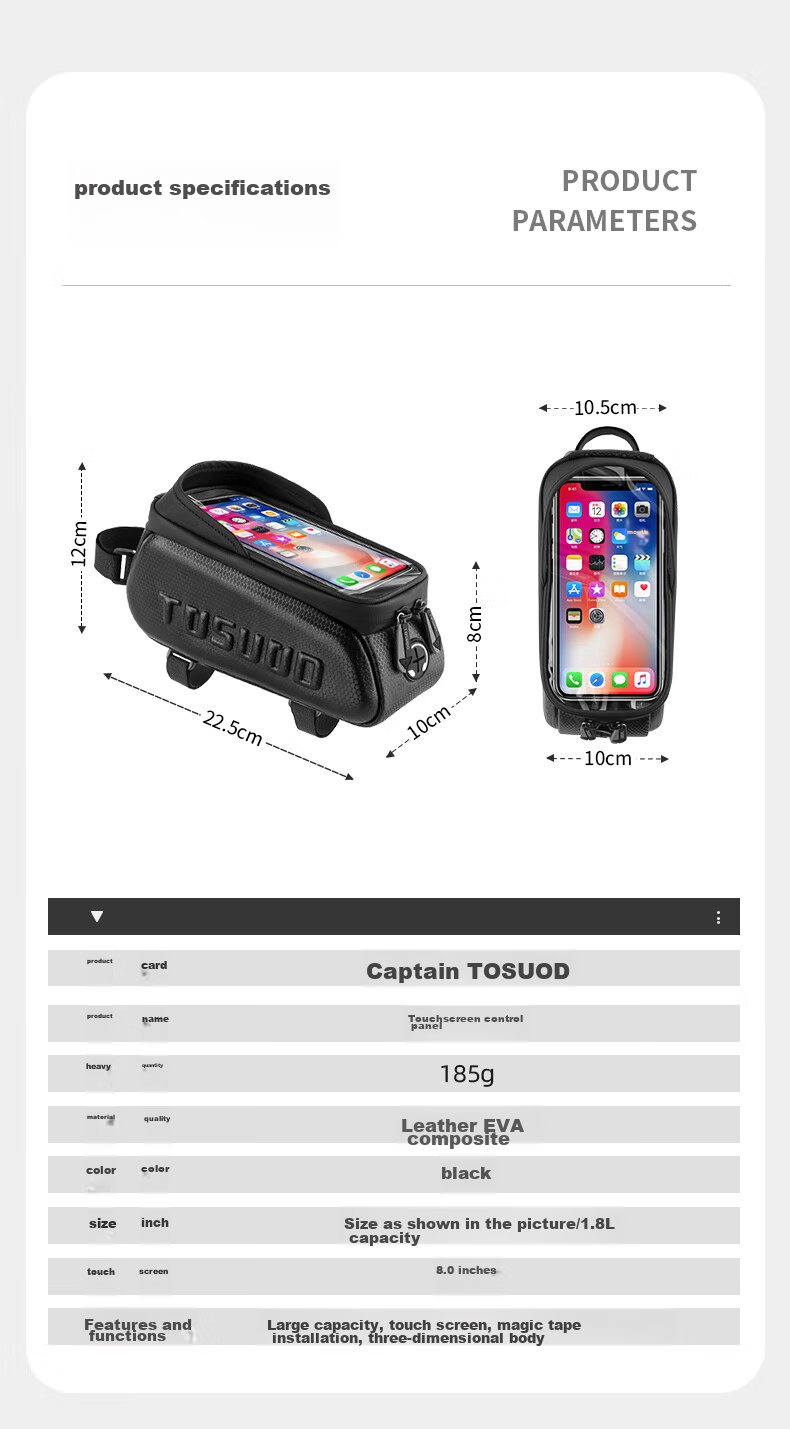 TOSUOD Bicycle Front Frame Bag Phone Tool Storage Bag Mountain Road Bike Top Tube Bag Cycling Gear 2.0L 3