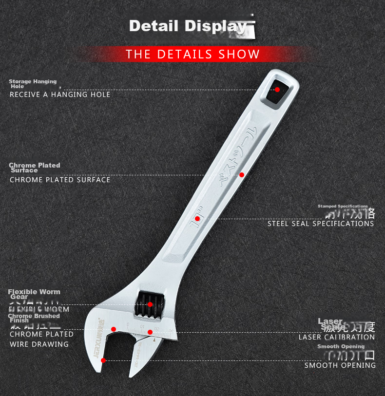 JERXUN 15-inch Adjustable Wrench Multi-functional Large Opening Household Repair Tool Adjustable Spanner 4